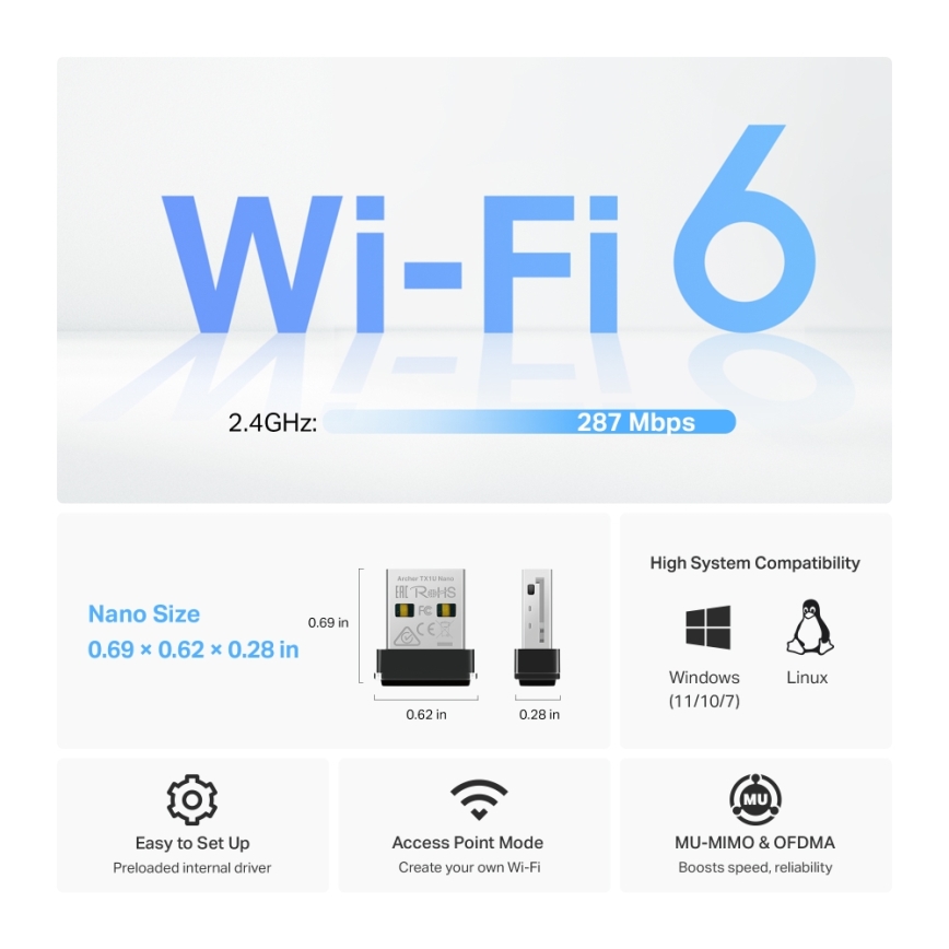 TP-Link - Langaton Wi-Fi 6 USB-nanoadapteri Archer TX1U Nano