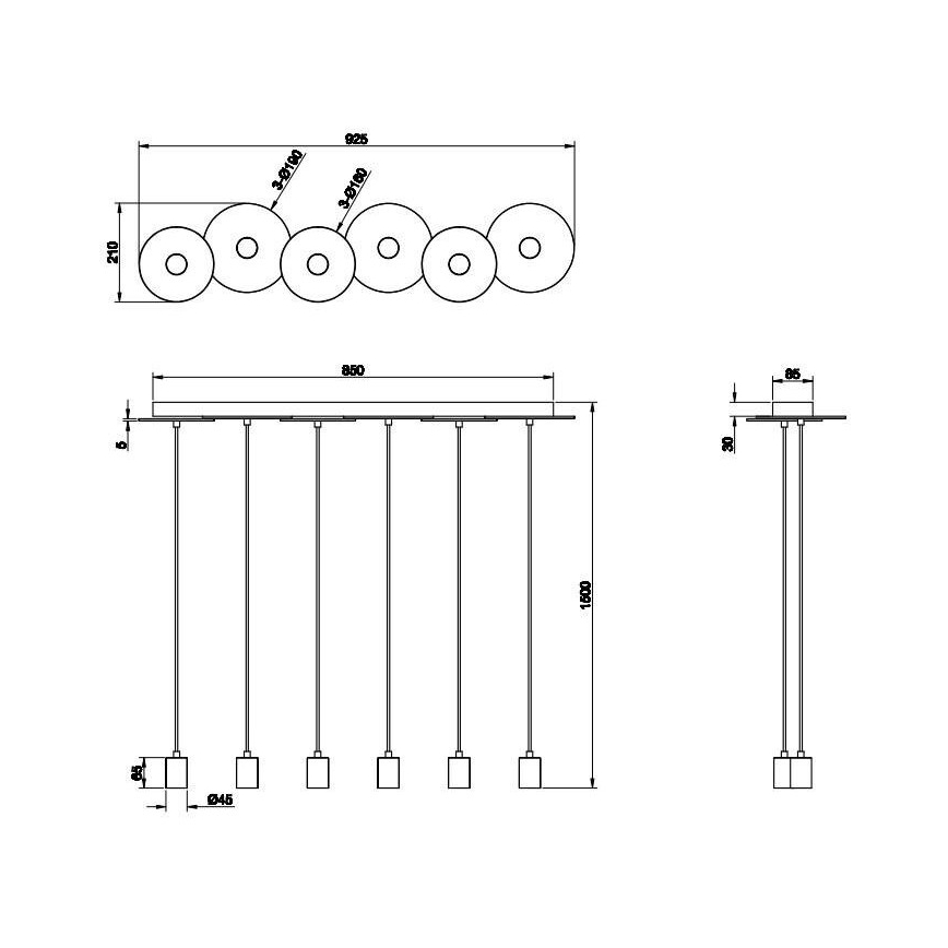 Trio - Kattokruunu johdossa DISCUS 6xE27/28W/230V musta