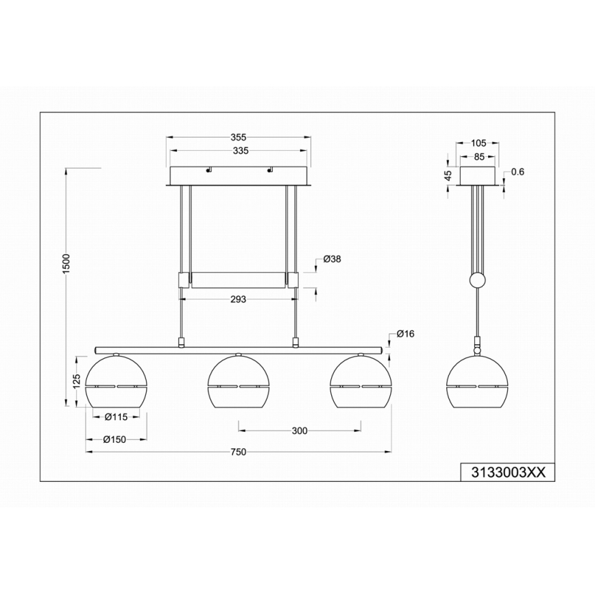 Trio - Kattokruunu johdossa FLETCHER 3xE14/40W/230V mattakromi
