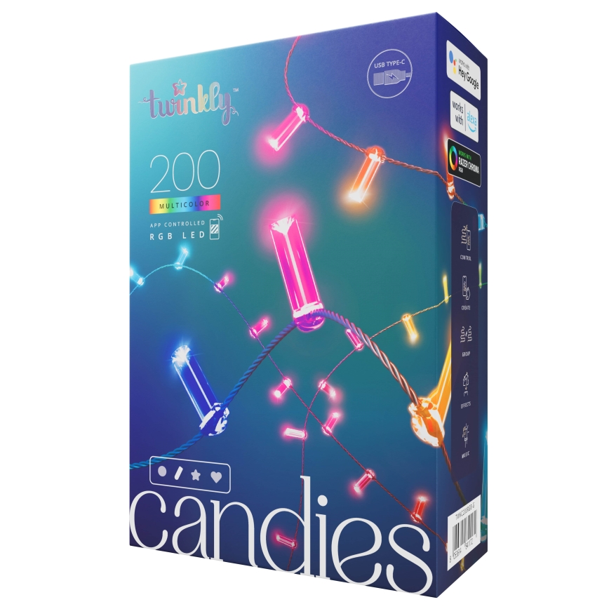 Twinkly - LED RGB Himmennettävä Jouluketju CANDIES 200xLED 14 m USB Wi-Fi