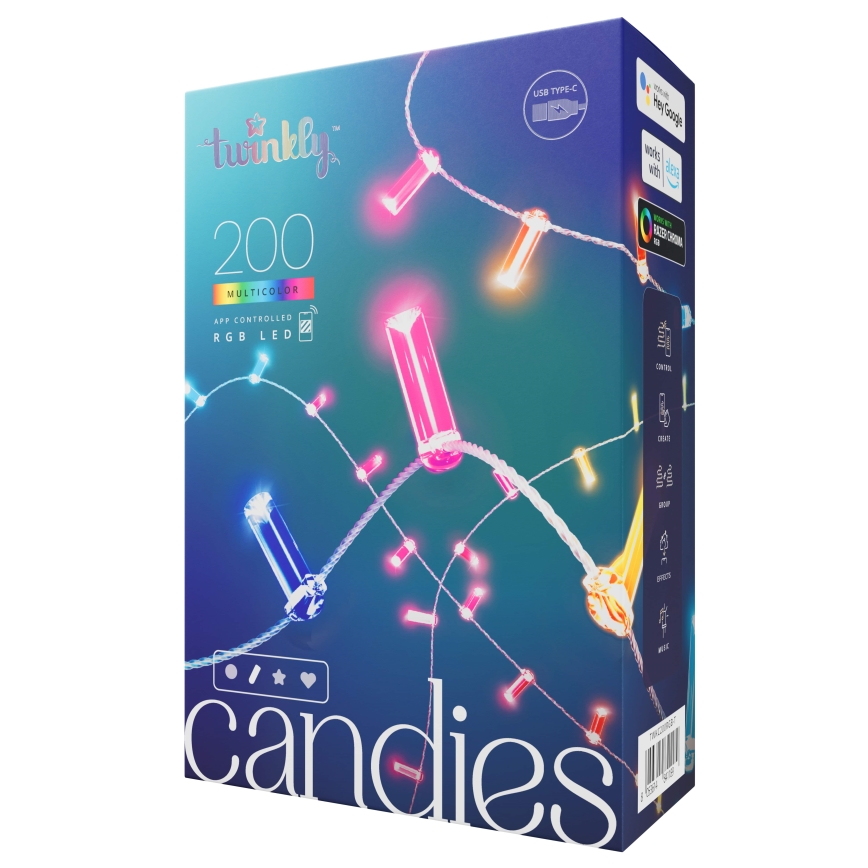 Twinkly - LED RGB Himmennettävä Jouluketju CANDIES 200xLED 14 m USB Wi-Fi