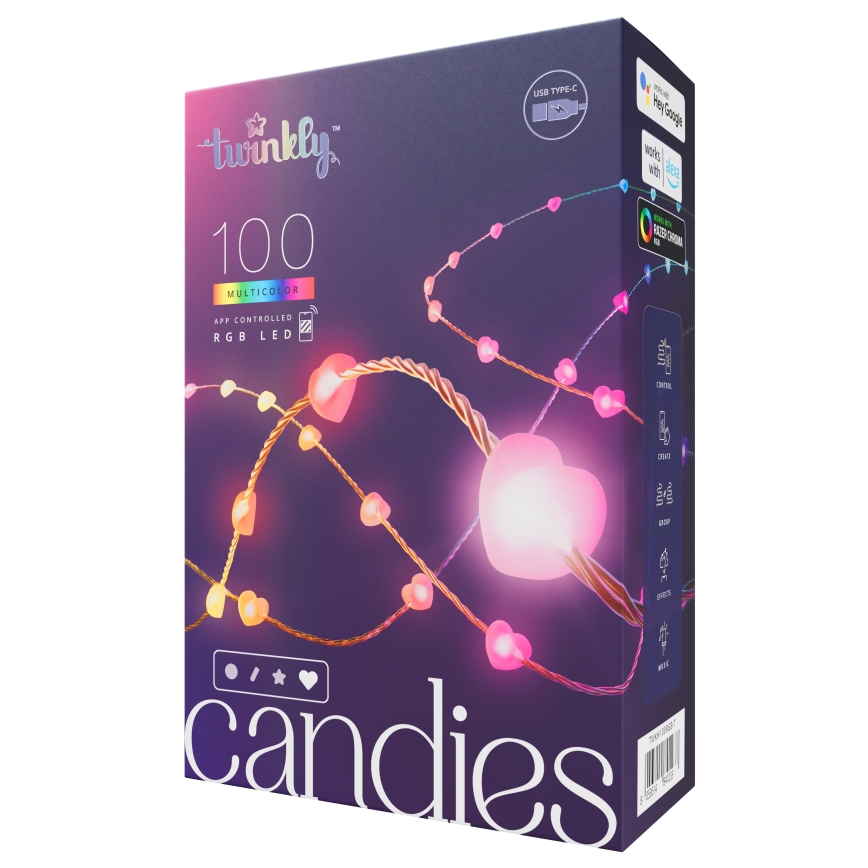 Twinkly - LED RGB Himmennettävä Jouluketju CANDIES 100xLED 8 m USB Wi-Fi