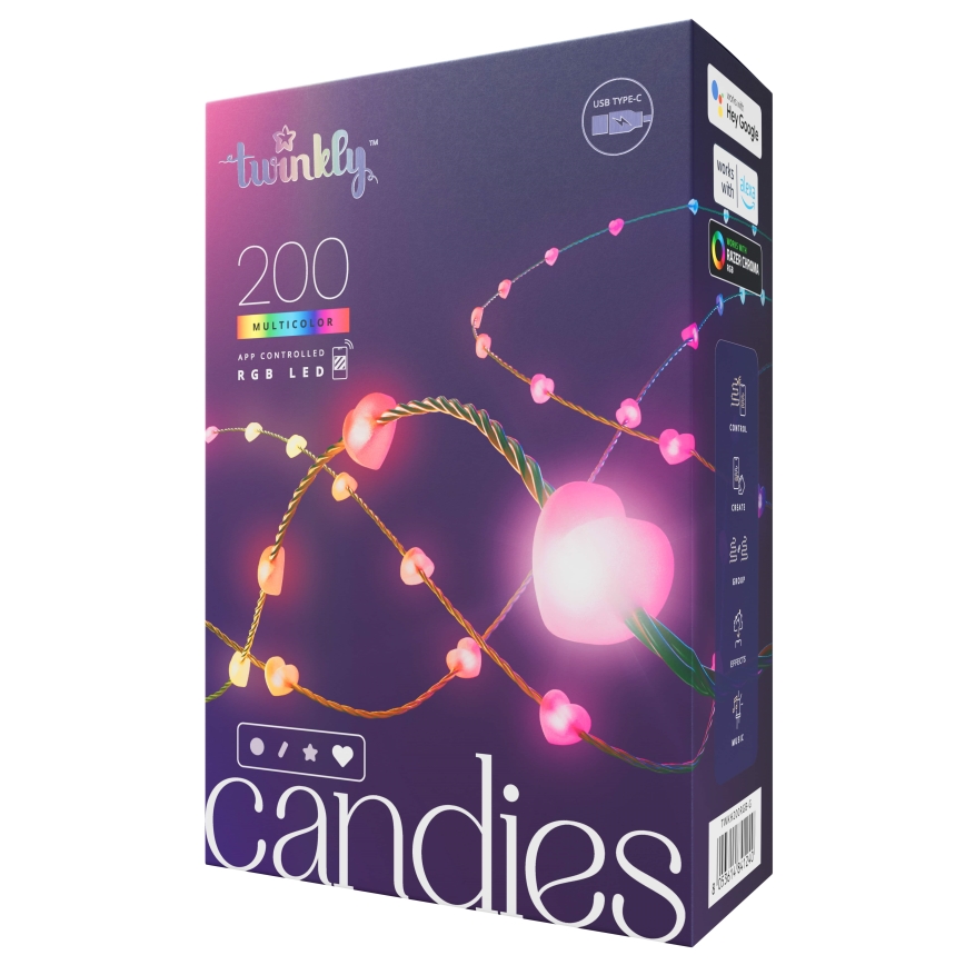 Twinkly - himmennettävä RGB-LED-valosarja CANDIES 200xLED 14 m USB Wi-Fi