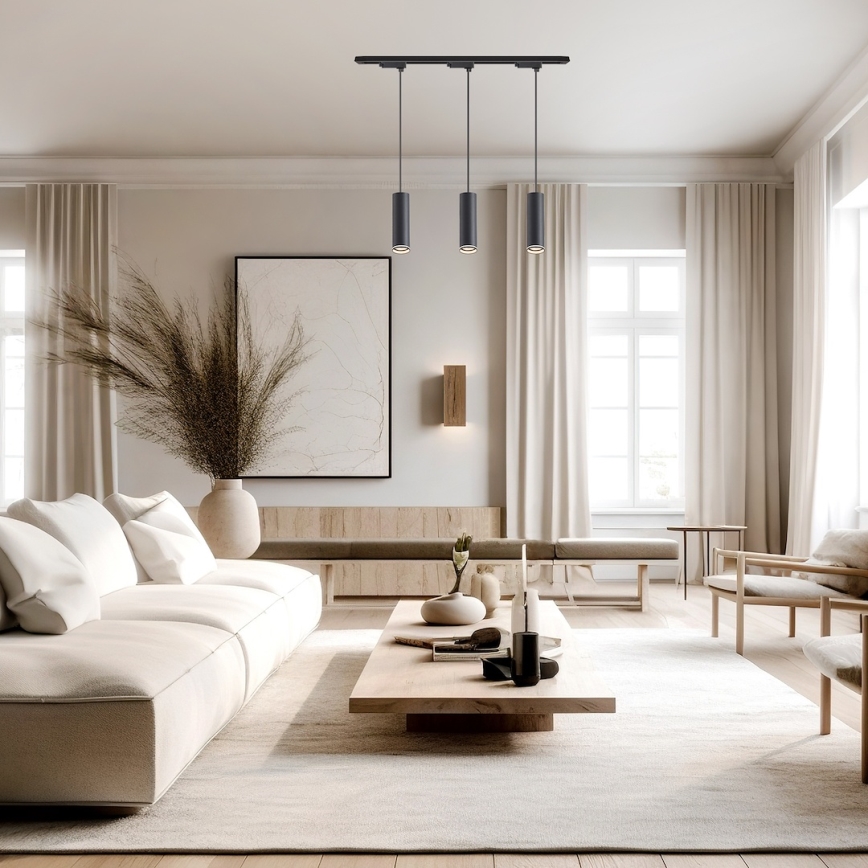 Tyylikäs riippuvalaisin kaapelikiinnityksellä PIPE-kiskojärjestelmään, 3xGU10/10W/230V, musta