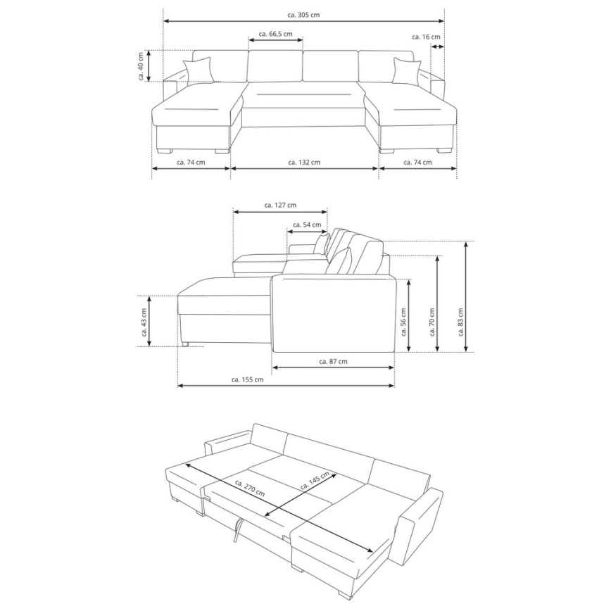 U-muotoinen avattava kulmasohva säilytystilalla JANISE, harmaa