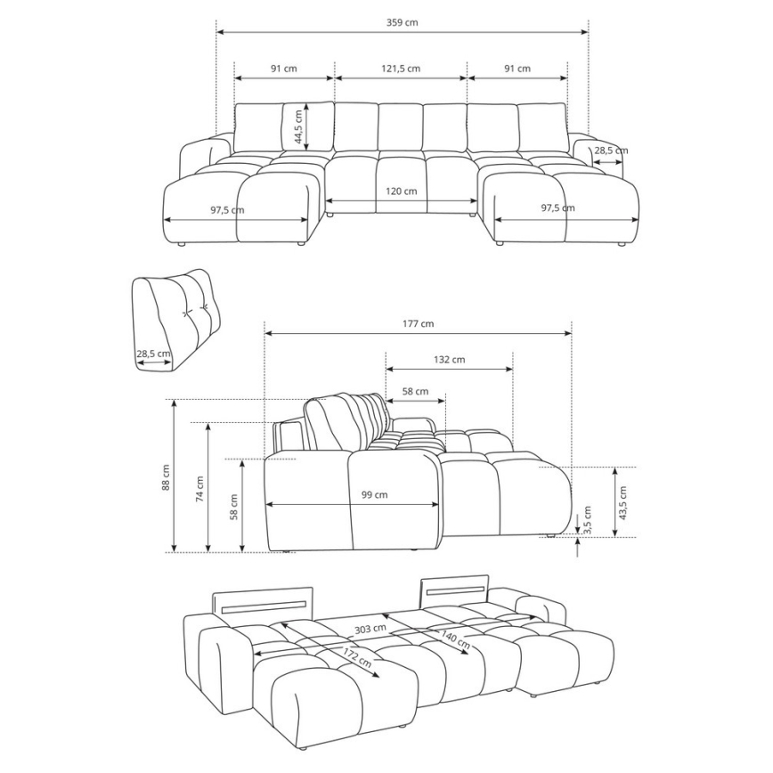 U-muotoinen avattava verhoiltu kulmasohva ALMADA, beige, säilytystilalla