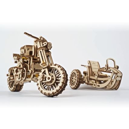 Ugears - 3D puinen mekaaninen palapeli Scrambler-moottoripyörä kärryllä