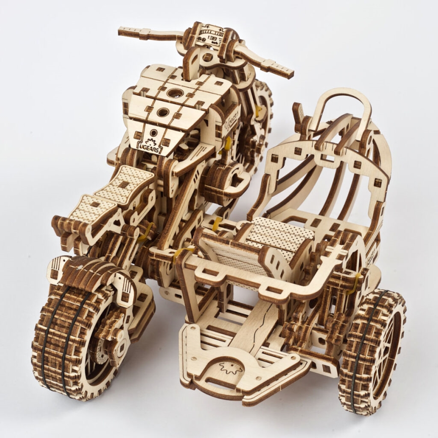 Ugears - 3D puinen mekaaninen palapeli Scrambler-moottoripyörä kärryllä