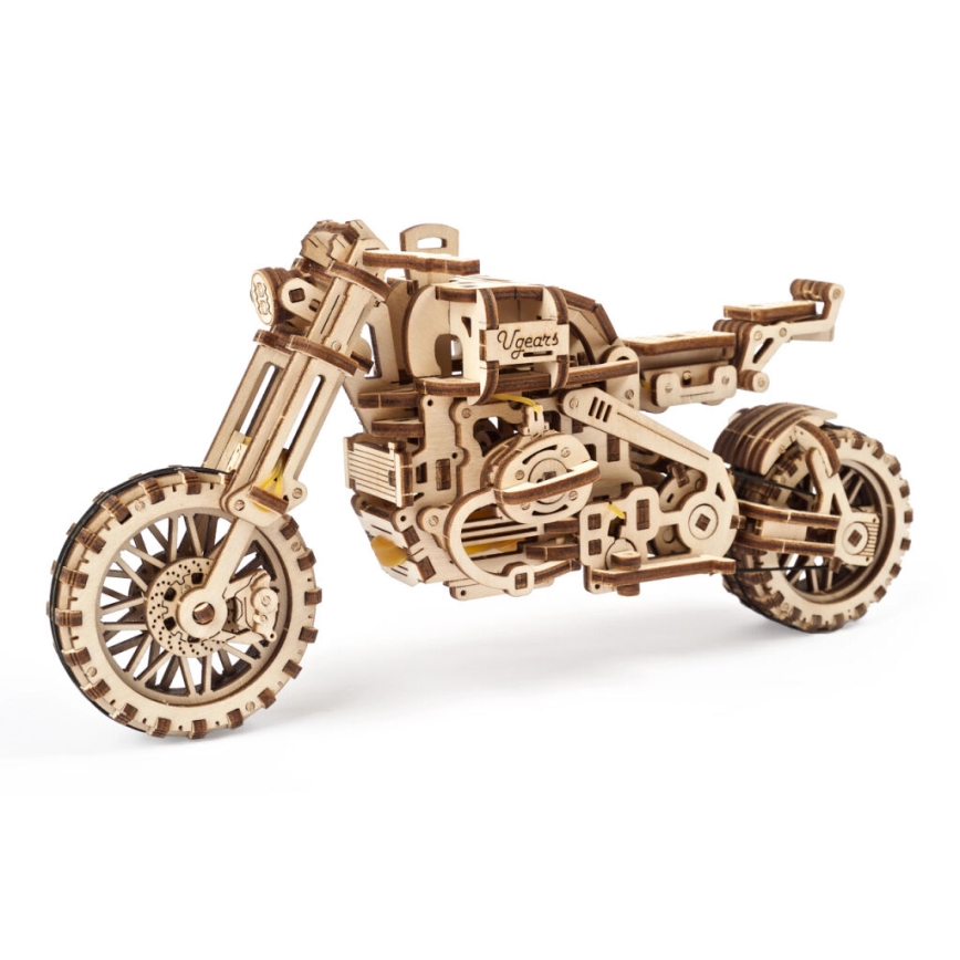 Ugears - 3D puinen mekaaninen palapeli Scrambler-moottoripyörä kärryllä