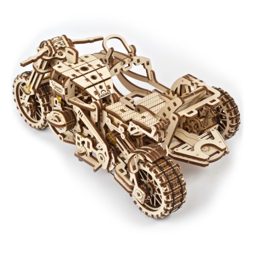 Ugears - 3D puinen mekaaninen palapeli Scrambler-moottoripyörä kärryllä