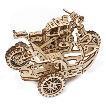 Ugears - 3D puinen mekaaninen palapeli Scrambler-moottoripyörä kärryllä