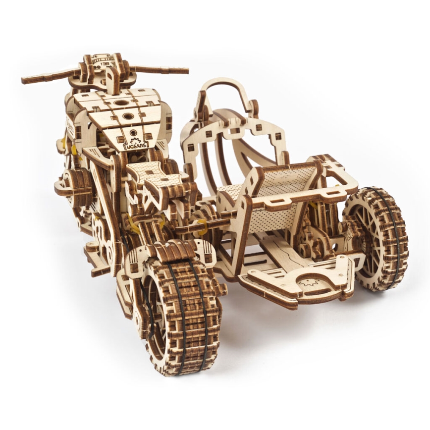 Ugears - 3D puinen mekaaninen palapeli Scrambler-moottoripyörä kärryllä