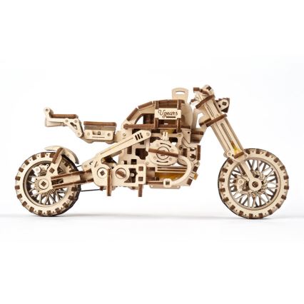Ugears - 3D puinen mekaaninen palapeli Scrambler-moottoripyörä kärryllä
