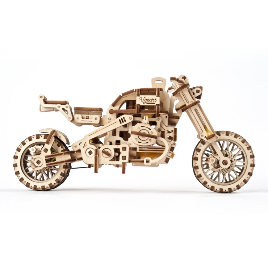 Ugears - 3D puinen mekaaninen palapeli Scrambler-moottoripyörä kärryllä