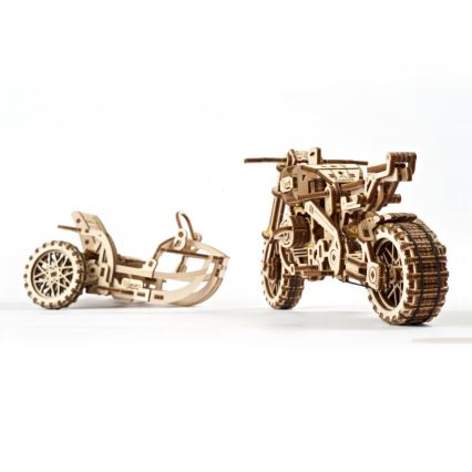 Ugears - 3D puinen mekaaninen palapeli Scrambler-moottoripyörä kärryllä
