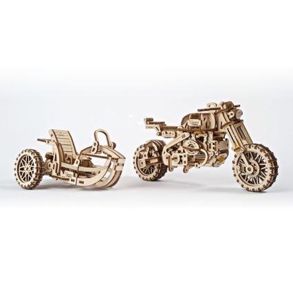 Ugears - 3D puinen mekaaninen palapeli Scrambler-moottoripyörä kärryllä