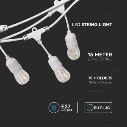 Ulkokäyttöinen valosarja STRING 15xE27/40W/230V 15m IP65