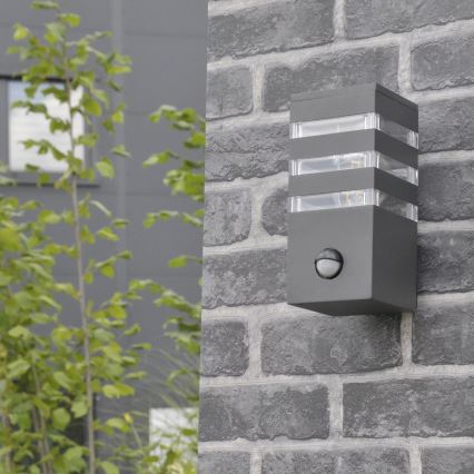 Ulkoseinävalaisin anturilla TEKSAS 1xE27/12W/230V IP44 antrasiitti