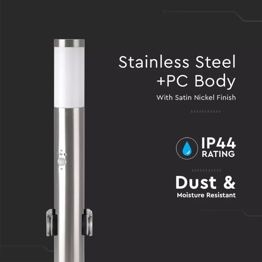 Ulkovalaisin anturilla + 2 pistorasiaa SCHUKO 1xE27/60W/230V IP44 60cm mattakromi