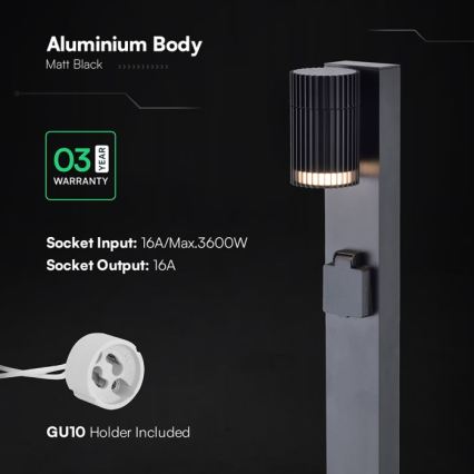 Ulkovalaisin SCHUKO-pistorasialla 1xGU10/10W/230V IP44 80 cm musta