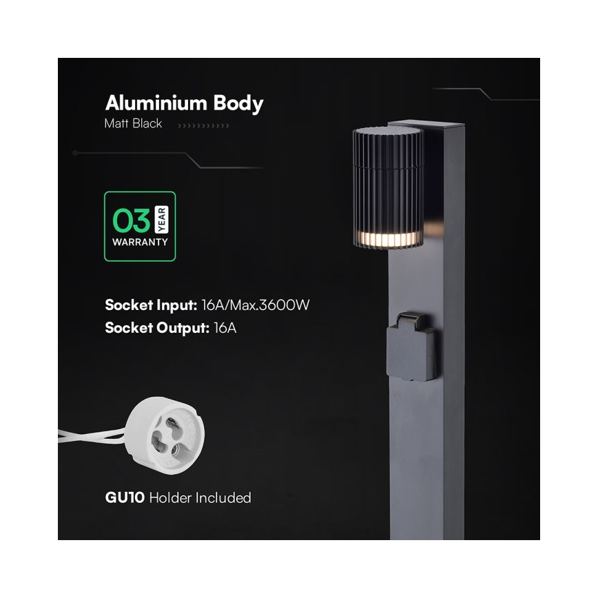Ulkovalaisin SCHUKO-pistorasialla 1xGU10/10W/230V IP44 80 cm musta