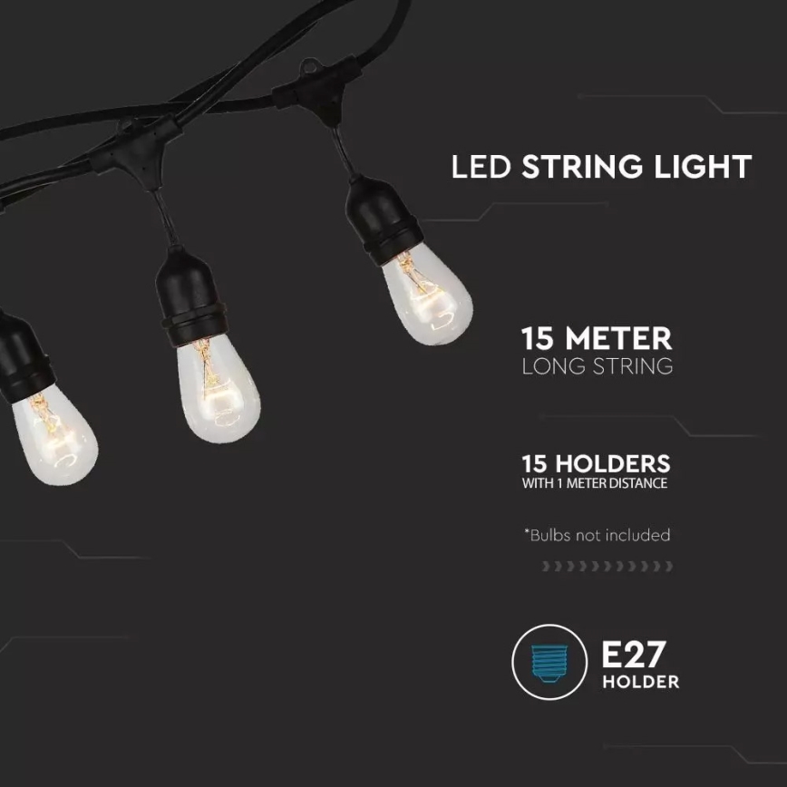 Ulkovaloketju STRING 15m 15xE27/25W/230V IP54