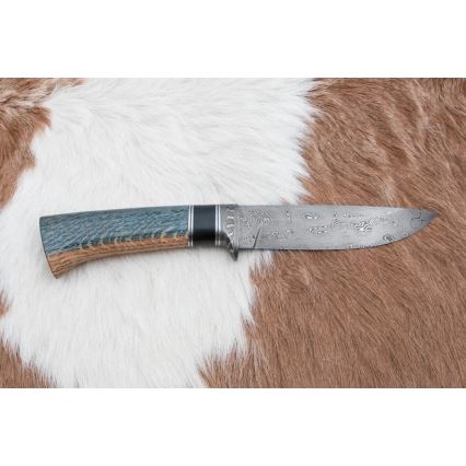 Uniikki Damascus-veitsi 12,7 cm tammi/eebenpuu