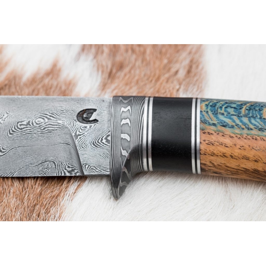 Uniikki Damascus-veitsi 12,7 cm tammi/eebenpuu