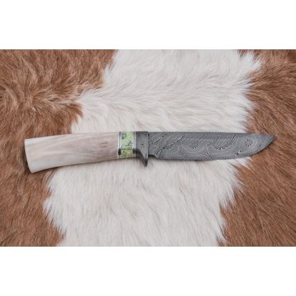 Uniikki Damascus-veitsi 13 cm serpentiniitti/poron sarvi