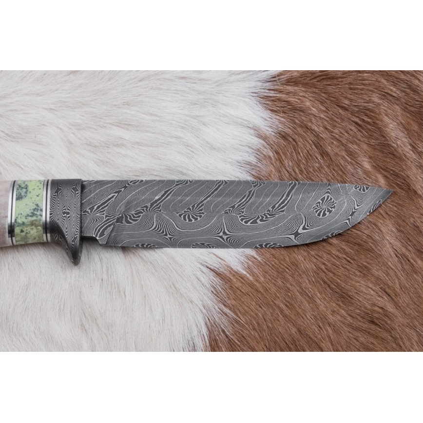 Uniikki Damascus-veitsi 13 cm serpentiniitti/poron sarvi