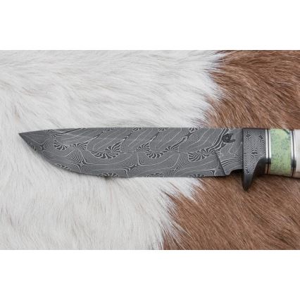 Uniikki Damascus-veitsi 13 cm serpentiniitti/poron sarvi