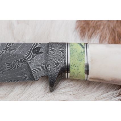 Uniikki Damascus-veitsi 13 cm serpentiniitti/poron sarvi