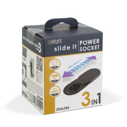 Upotettava pistorasia liukupeitteellä, 1x pistorasia + USB-C + USB-A, musta