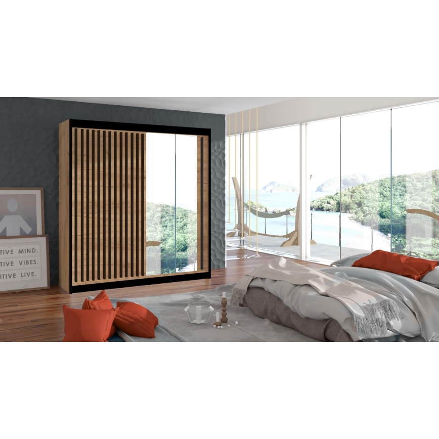 Vaatekaappi peilillä SANTINO 203x215 cm craft-tammi/musta