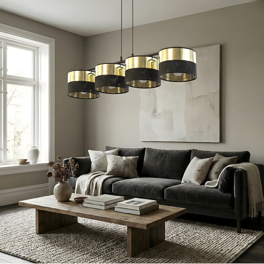 Vaijerilla varustettu riippuvalaisin LUX 4xE27/15W/230V musta/kulta