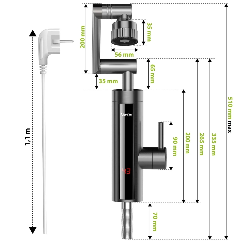 Välitön vedenlämmitin LED mukana näyttö 3000W/230V IPX4 antrasiitti