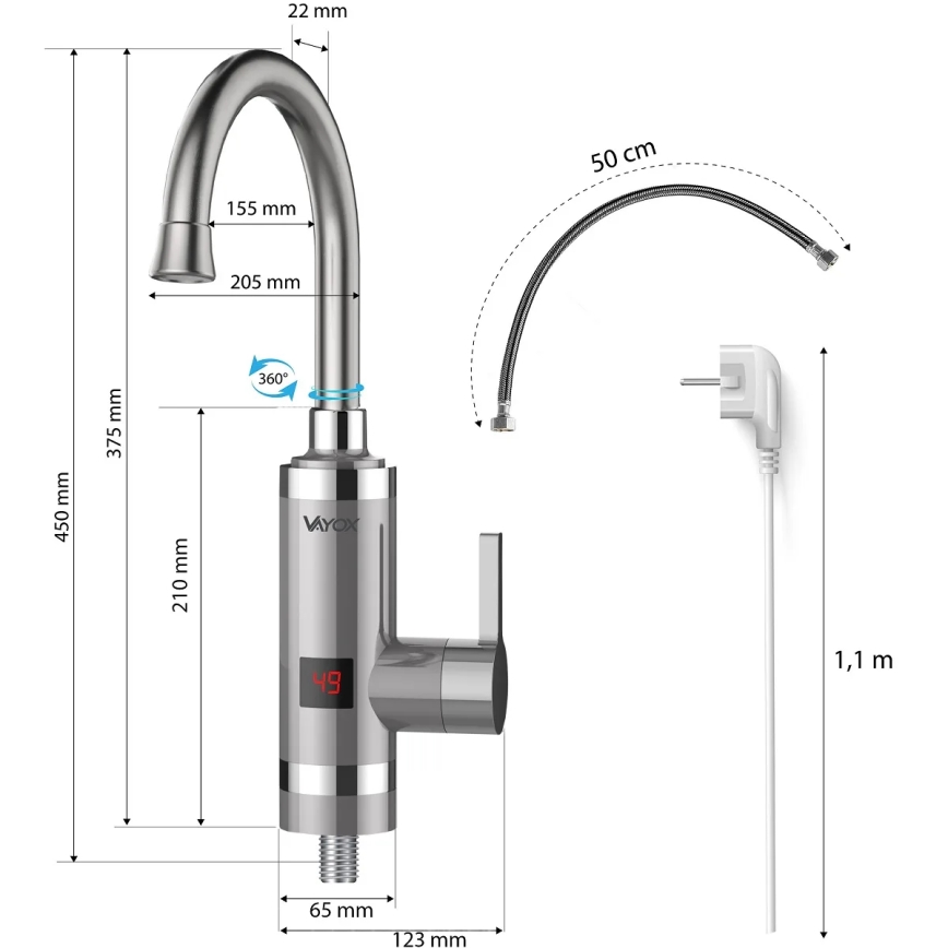 Välitön vedenlämmitin LED mukana näyttö 3000W/230V IPX4 ruostumaton