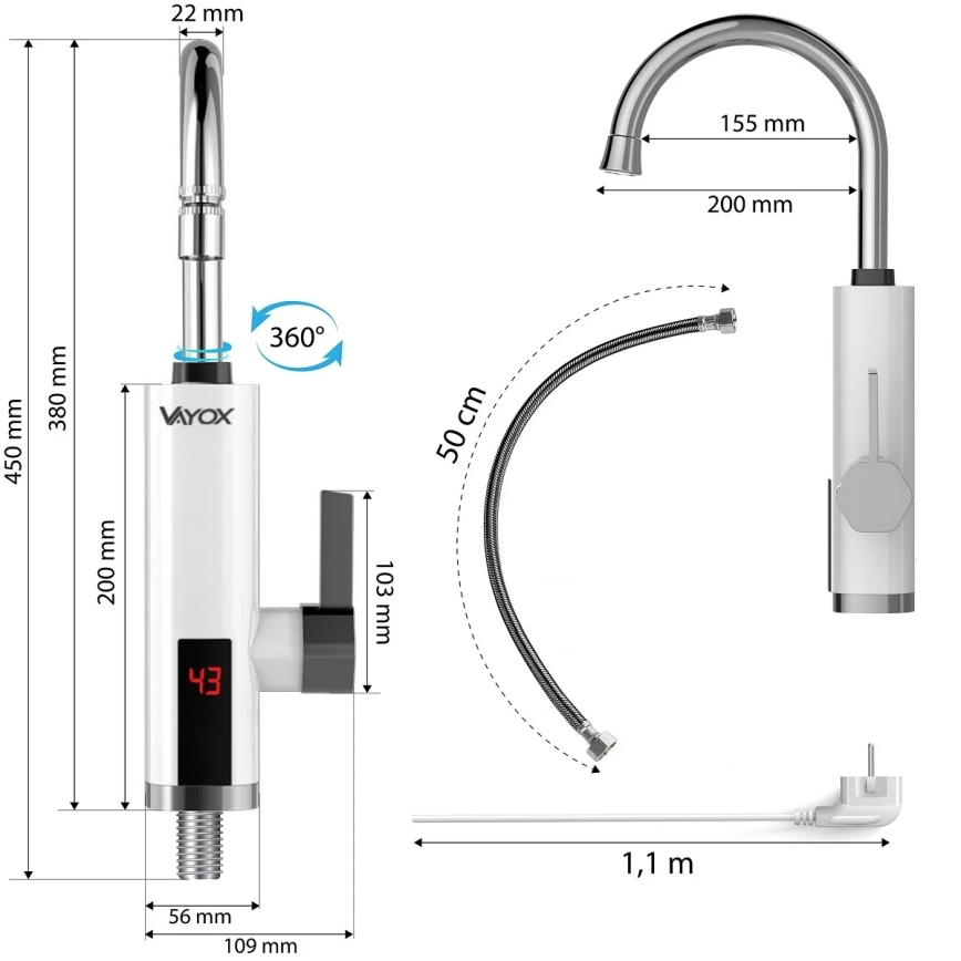 Välitön vedenlämmitin LED mukana näyttö 3000W/230V IPX4 valkoinen
