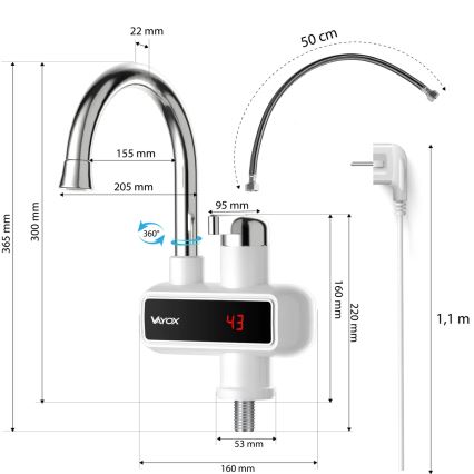 Välitön vedenlämmitin LED mukana näyttö 3000W/230V IPX4 valkoinen