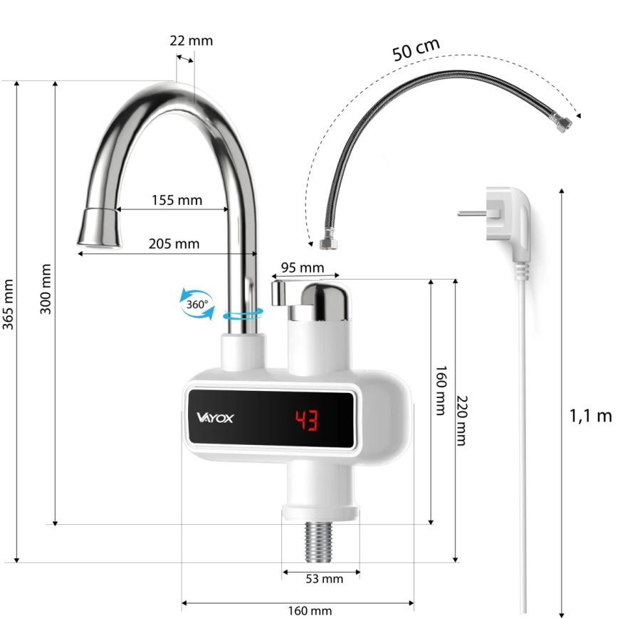 Välitön vedenlämmitin LED mukana näyttö 3000W/230V IPX4 valkoinen