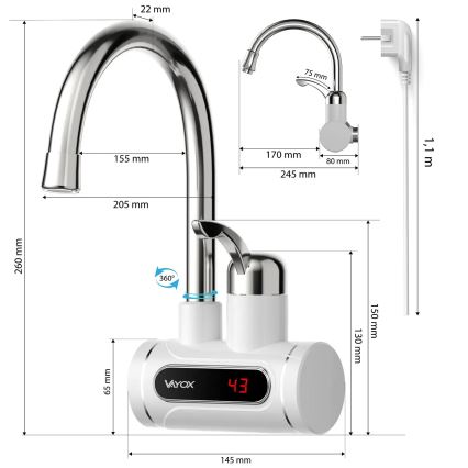Välitön vedenlämmitin LED mukana näyttö 3000W/230V IPX4 valkoinen