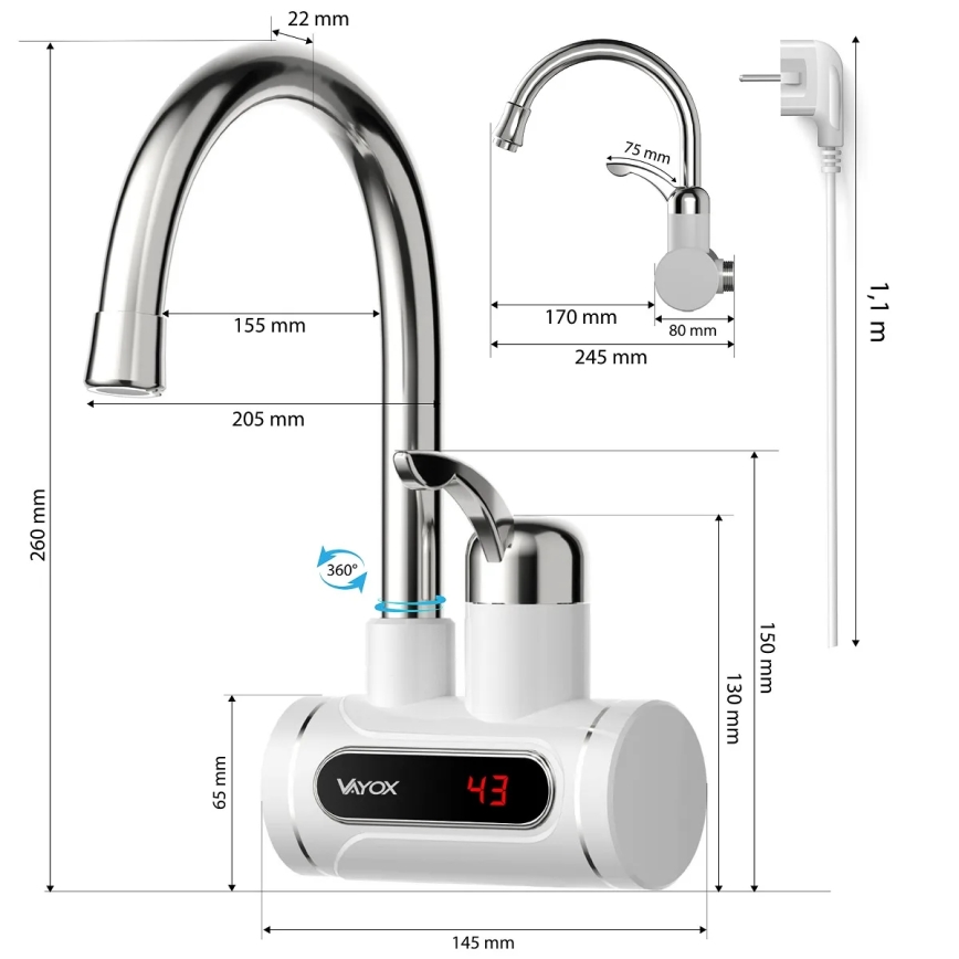 Välitön vedenlämmitin LED mukana näyttö 3000W/230V IPX4 valkoinen