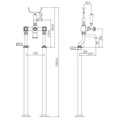 Vapaasti seisova kylpyammesetti sekoittajalla, 106,3 cm, kiiltävä kromi