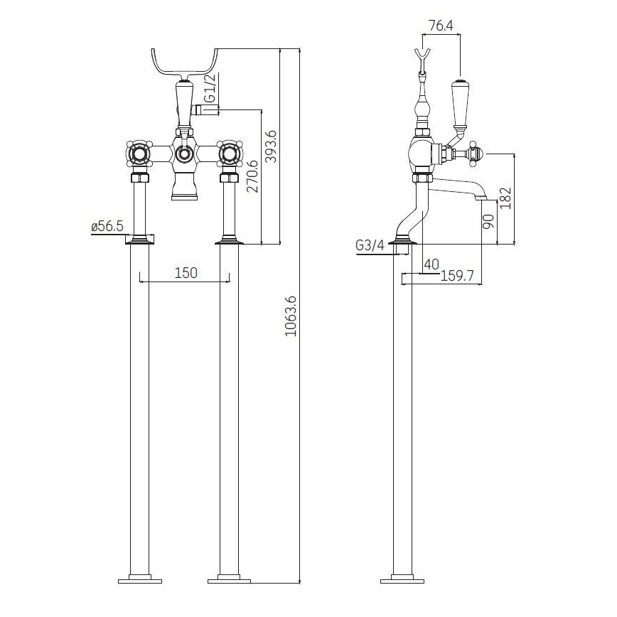 Vapaasti seisova kylpyammesetti sekoittajalla, 106,3 cm, kiiltävä kromi