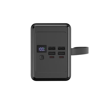 Powerbank 8000 mAh Power Delivery 4xUSB-A + 2xUSB-C LED-taskulampulla ja 1m USB-C-kaapelilla, musta