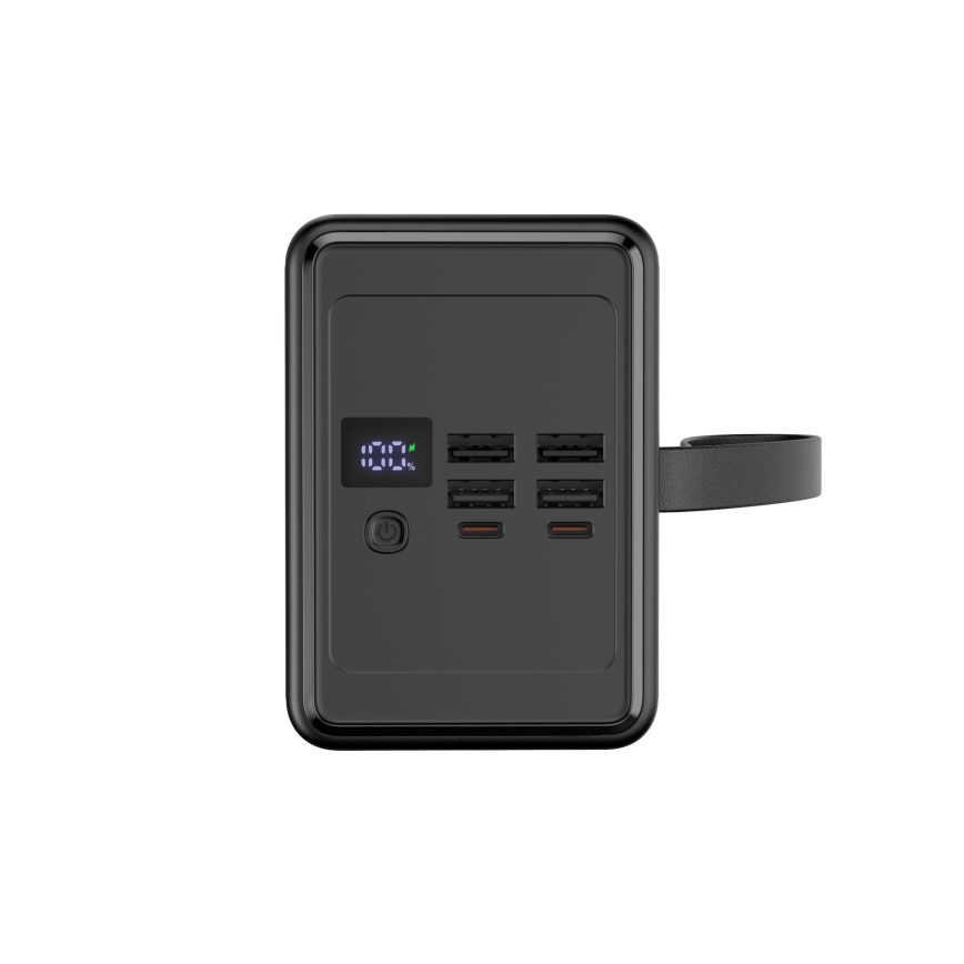 Powerbank 8000 mAh Power Delivery 4xUSB-A + 2xUSB-C LED-taskulampulla ja 1m USB-C-kaapelilla, musta
