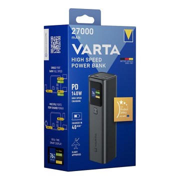 Varta 57984101111 - Powerbank LED-näytöllä, Power Delivery 27 000 mAh / 140 W / 3,7 V