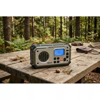 Retkiradio käsikampilla, aurinkopaneelilla ja LED-taskulampulla, jossa virtapankkitoiminto 5V/3xAAA/2000 mAh, IPX4, vihreä
