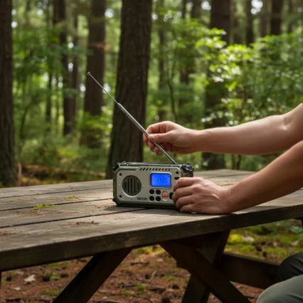 Retkiradio käsikampilla, aurinkopaneelilla ja LED-taskulampulla, jossa virtapankkitoiminto 5V/3xAAA/2000 mAh, IPX4, vihreä