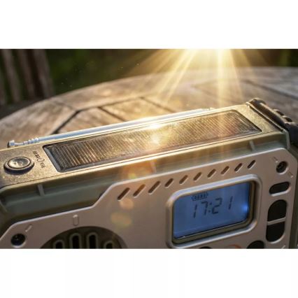 Retkiradio käsikampilla, aurinkopaneelilla ja LED-taskulampulla, jossa virtapankkitoiminto 5V/3xAAA/2000 mAh, IPX4, vihreä